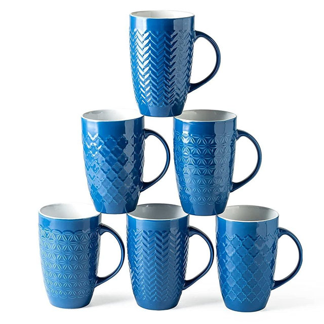 AmorArc Large Coffee Mugs Set of 6, 20oz Ceramic Tall Coffee Mugs Set with Textured Geometric Patterns for Latte/Tea /Beer/Hot Cocoa, Dishwasher & Microwave Safe, Blue