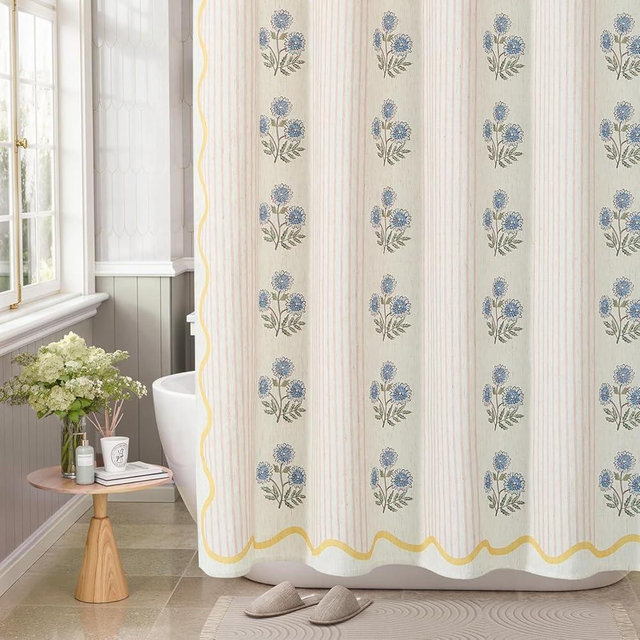 PROCIDA Vintage Shower Curtain- Blue Block Print Floral with Striped, 72x72 Inch Linen Blend Bathroom Curtain with 12 Metal Hooks, Flower Bath Curtain for Cottage Core Bathrooms.