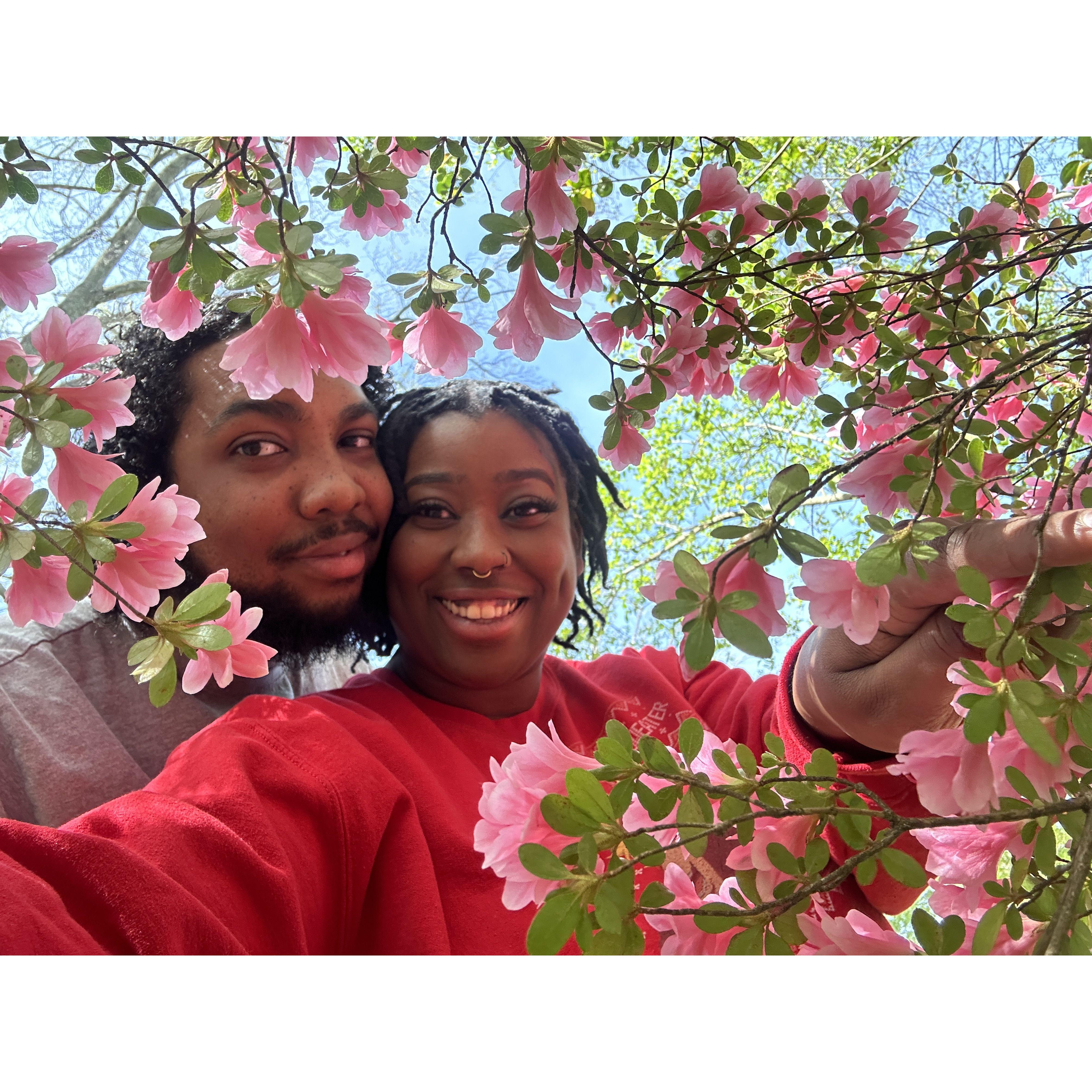 Taking photos in the backyard.