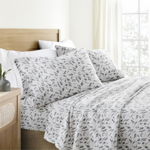 100% Cotton Flannel 4PC Sheet Set Super Soft - Becky Cameron, Botanical Light Gray, Queen