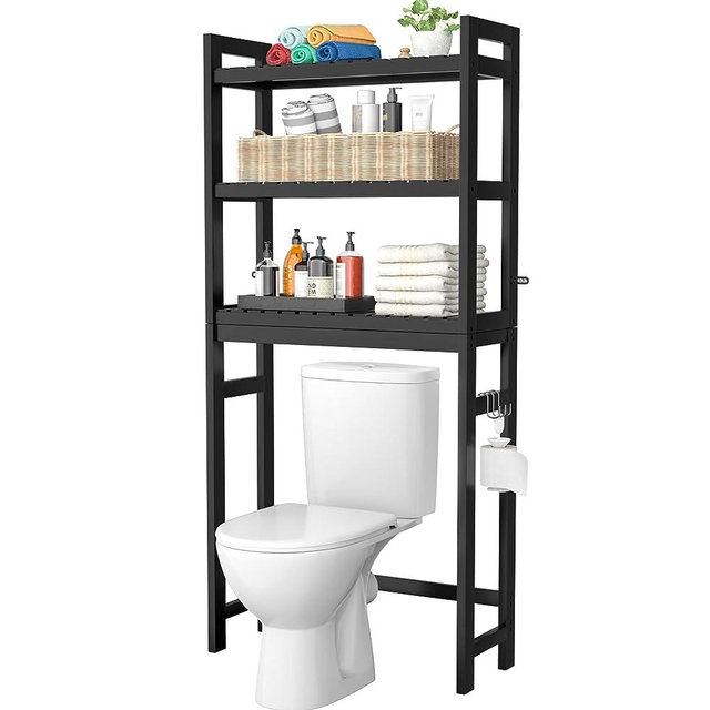 Homykic Over The Toilet Storage Shelf, Bamboo 3-Tier Over Toilet Bathroom Shelf with 3 Hooks, Above Toilet Organizer Rack Freestanding Stand for Small Space, Restroom, Laundry, Easy Assembly, Black