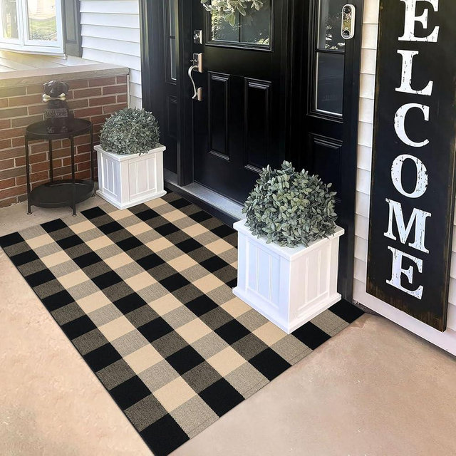 KILOCOCO Buffalo Plaid Checkered Rug - 3x5 Front Door Rug Brown and Black Indoor Cotton Washable Front Porch Layered Doormats for Kitchen/Laundry Room/Farmhouse/Entryway Outdoor