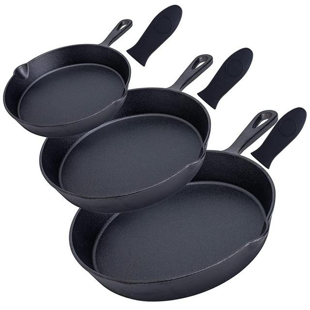 Pre-Seasoned Cast Iron 3 Piece Skillet Bundle, Frying Pan Camping Cookware 6” + 7.5” + 10” Set of 3 Heavy Duty Cast Iron Frying Pans, Stove Top, With Heat Resistant Silicone Handle Holders