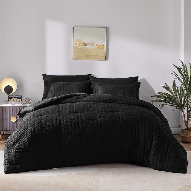 CozyLux King Seersucker Comforter Set with Sheets Black Bed in a Bag 7-Pieces All Season Bedding Sets with Comforter, Pillow Sham, Flat Sheet, Fitted Sheet, Pillowcase