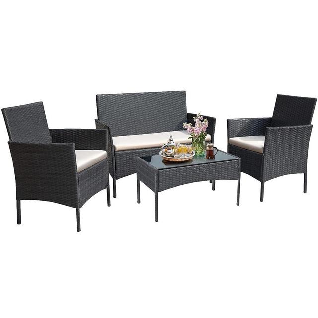 Greesum Patio Furniture 4 Pieces Conversation Sets Outdoor Wicker Rattan Chairs Garden Backyard Balcony Porch Poolside loveseat with Cushion and Glass Table, Black and Beige