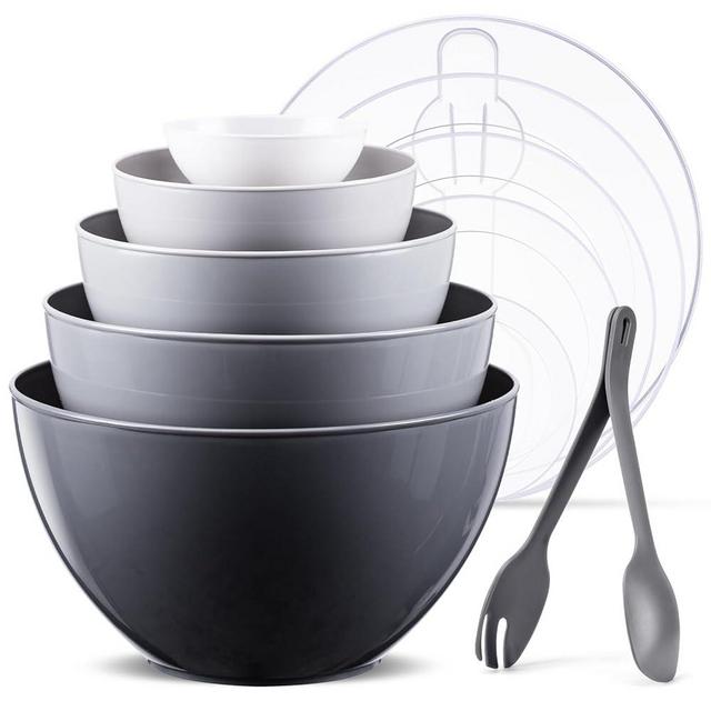 LUXEAR Mixing Bowls with Lids Set, 12 Pieces Plastic Nesting Bowls Includes 5 Prep Bowls, 5 Lids, 2 Cooking Spoons(Can Convert into Tongs), Microwave Dishwasher Safe for Mixing Serving Baking Storing