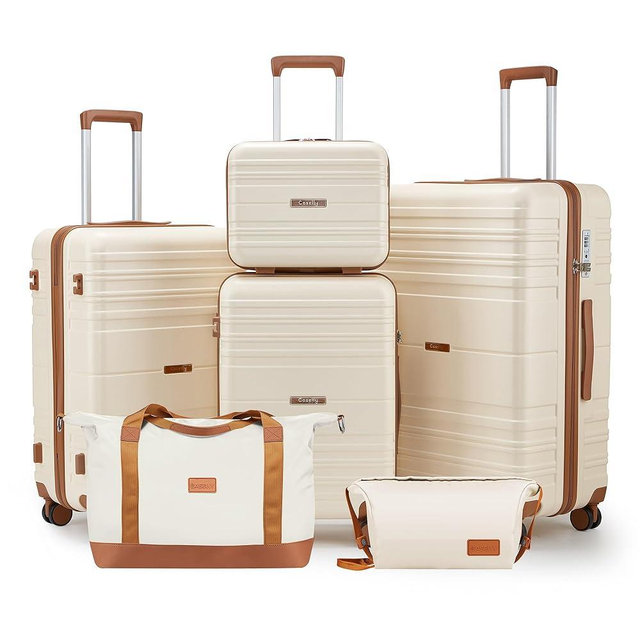 CASELLY Luggage Sets 6 Piece with Spinner Wheels, Lightweight Hardshell Suitcase Set with TSA Lock, Carry On Checked Luggage Set with YKK Zippers (Beige, 6 piece sets（14/20/24/28/DB/TB）)