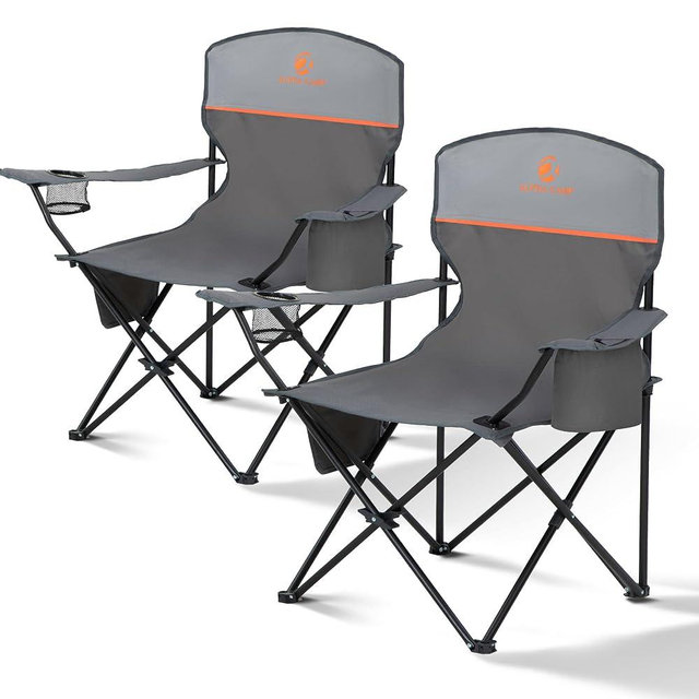 ALPHA CAMP Folding Camping Chairs for Adults Lawn Chairs Outdoor Chairs Support 225 LBS Portable Camp Chairs with Cup Holders Cooler Pouch for Outdoor, 2 Pack (Gray)