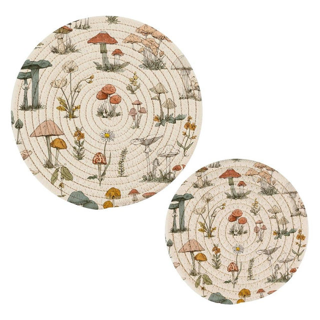 Mushroom Herb Kitchen Trivets Pot Holders Set of 2 for Pots Dishes Woven, Trivet Coaster Pad Mat for Counter