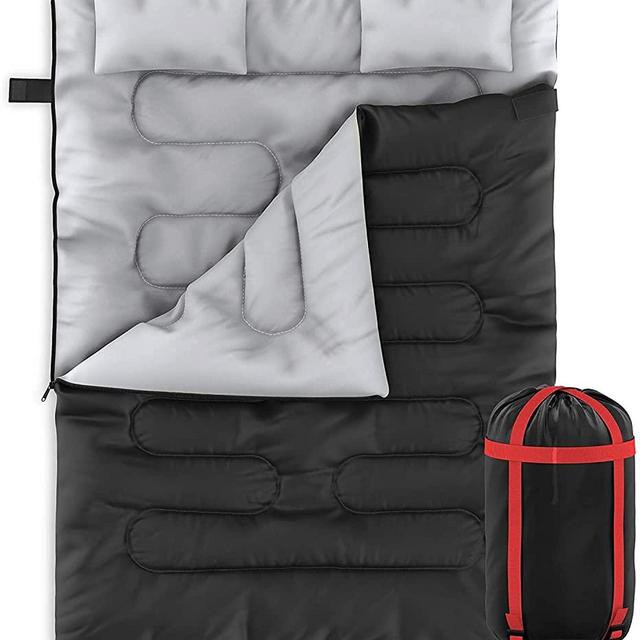Zone Tech Double Camping Sleeping Bag with 2 Pillows – 3-4 Season Lightweight Waterproof Warm & Cool Weather Adult & Kids Sleeping Bag Converts into 2 Single -Camping, Hiking, & Outdoors
