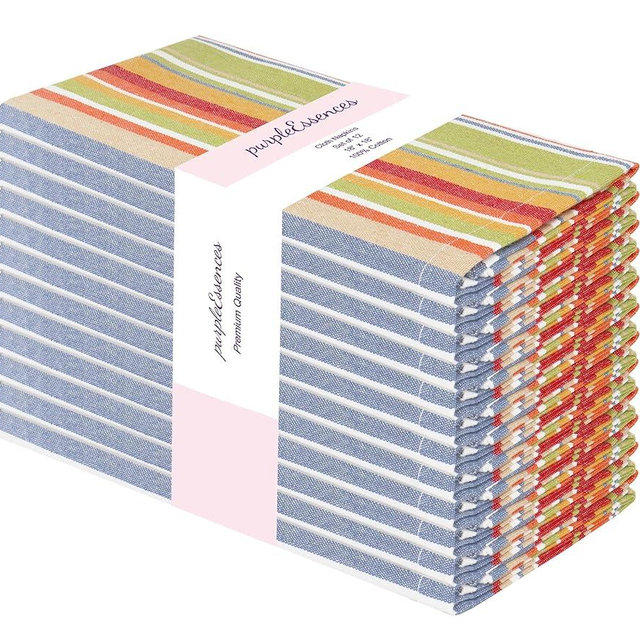 PurpleEssences Plain Striped Cloth Napkins - Set of 12-100% Cotton - 18 x 18 Inch - Fall Thanksgiving - Perfect Everyday Use Dinner Napkin - Multi Color