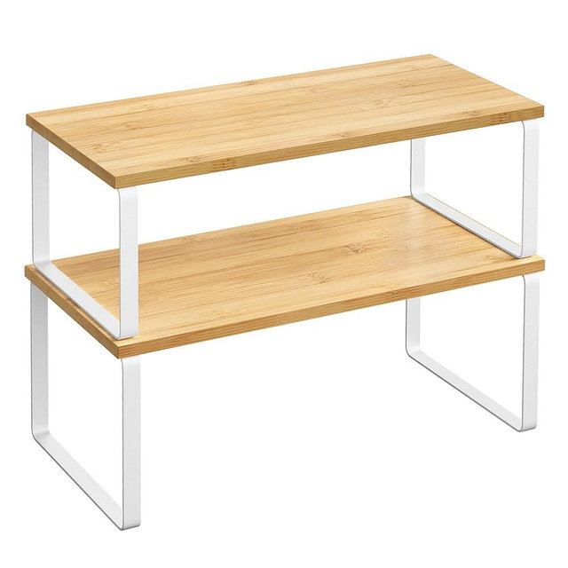 SONGMICS Cabinet Organizer Shelf, Set of 2 Kitchen Counter Shelves, Kitchen Storage, Spice Rack, Stackable, Expandable, Metal and Engineered Wood, White and Natural UKCS200W01