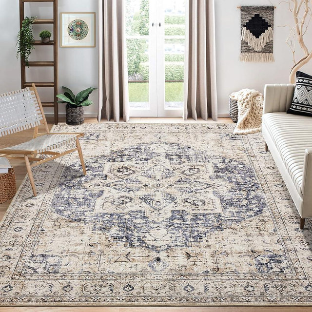Area Rug Living Room Rugs - 8x10 Washable Boho Rug Vintage Oriental Distressed Farmhouse Large Thin Indoor Carpet for Living Room Bedroom Under Dining Table Home Office - Cream Blue