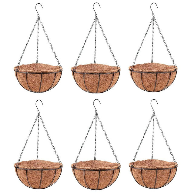 LaLaGreen Hanging Baskets for Plants (6 Pack, 10 Inch) Hanging Planter Outdoor with Coco Liner, Metal Wire Flower Basket Pots Holder Hanger Hook Deck Patio Porch Garden Balcony Outside Decoration