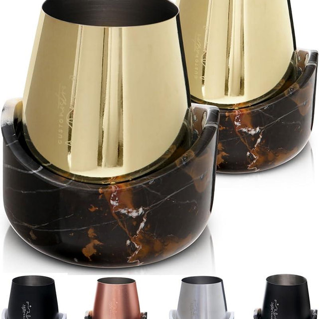 Gusto Nostro Marble Wine Chiller for Glass & Stainless Steel Tumbler Set of 2 - Wine Glass Chiller Holder for Freezer - Cool Set of Chillers & Stemless Wine Metal Tumblers for Home, Bar (Black & Gold)