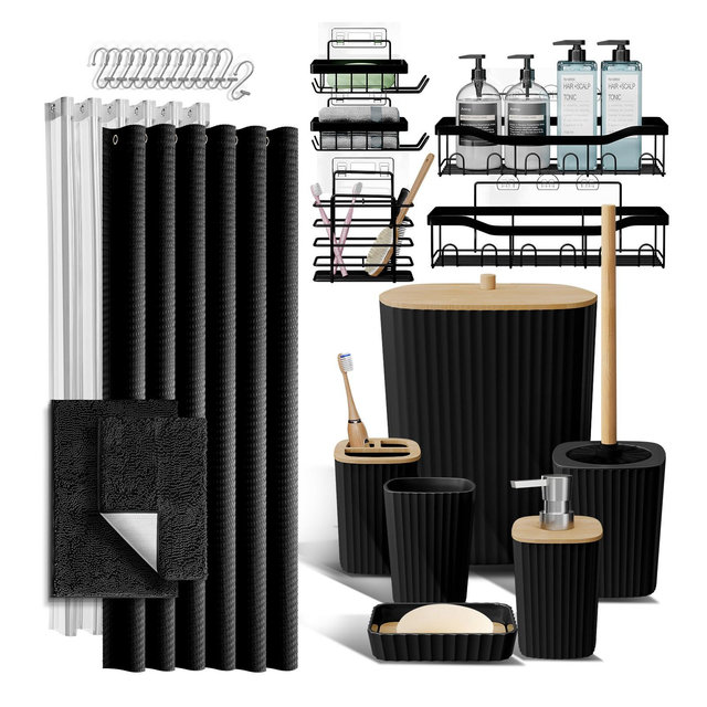 Bathroom Accessories Set with Shower Caddy and Bath Rugs - 27PC Bathroom Accessory Set with Shower Caddies & Black Bath Rugs, Shower Curtain Set