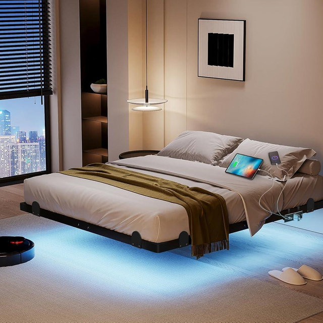 qimamo Floating Queen Bed Frame, 14 Inch Metal Platform Bed with Smart LED Lights & Charging Station, Easy Assembly, No Box Spring Needed