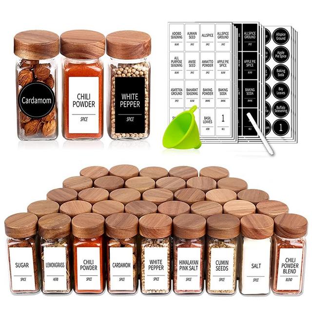 36 Spice Jars with 547 Labels - Glass Spice Jars with Shaker Lids - 4 Oz Square Spice Containers with Acacia Wood Lids, Chalk Pen, Funnel- Churboro Seasoning Jars for Spice Rack, Cabinet, or Drawer