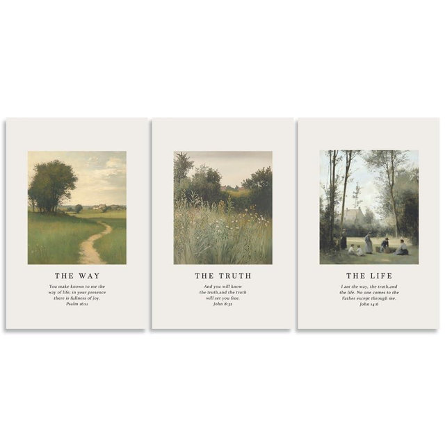 Set of 3 Christian Wall Art, The Way Truth Life Poster Canvas Scripture Bible Verses Wall Decor, Bible Quotes Spiritual Painting, Religious Faith Prints for Prayer Room, Home, Office 8x12inch Unframed