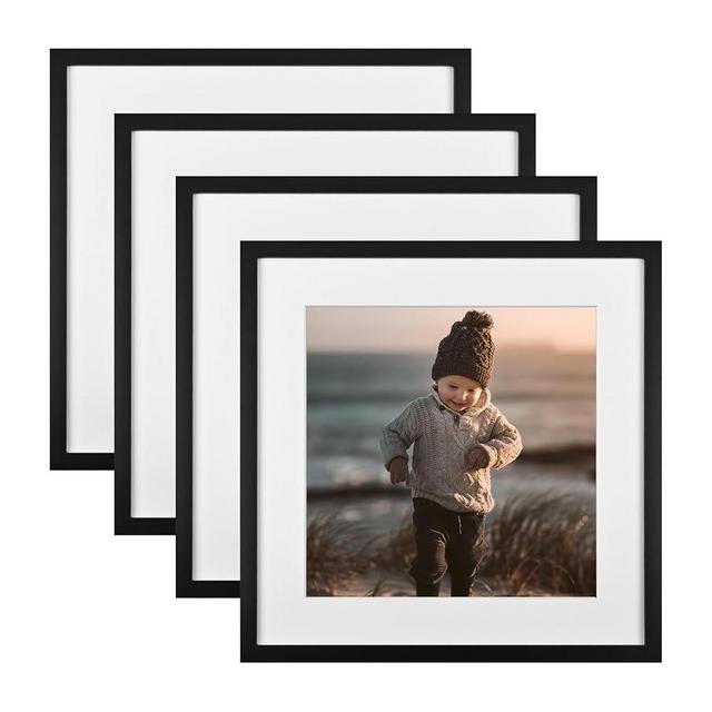 KINLINK 16x16 Square Picture Frames Black, Solid Wood Frames with Acrylic Plexiglass for Pictures 12x12 With Mat Wall Mounting Display Set of 4