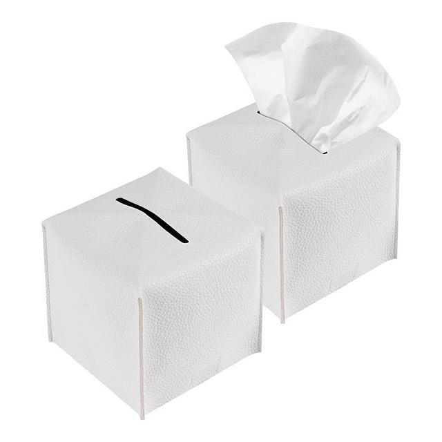 Leather Tissue Box Cover Holder - PU Leather Modern Square Tissue Box Cover 2 Pack White Tissue Box Cover Premium Decorative Instrument for Home Offices and Size(5x5x5 inches), 2x White (YY001)