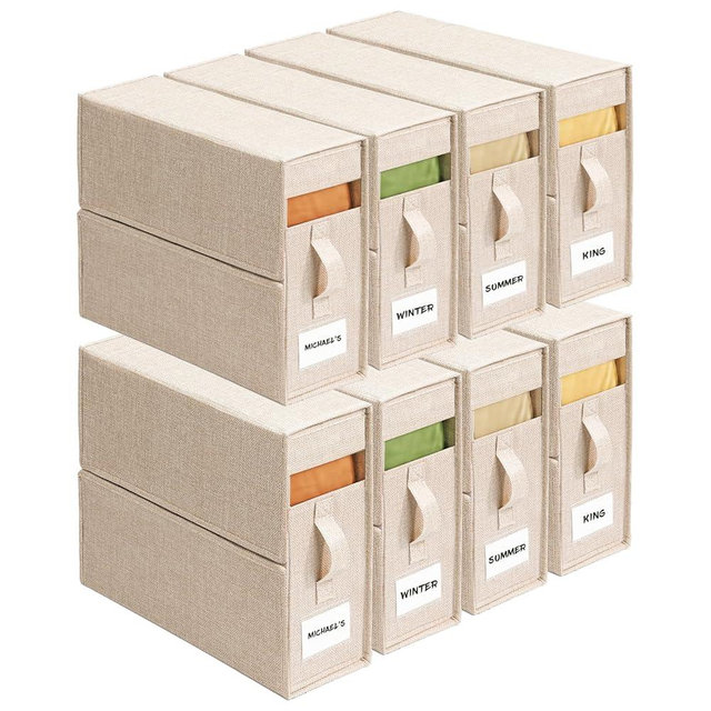 ZenStorage 8Pack Sheet Organizers for Linen Closet - King/Queen Size Bedding Storage Boxes with Clear Window | Foldable, Dustproof Linen Organizer for Blankets & Sheet Sets,Beige