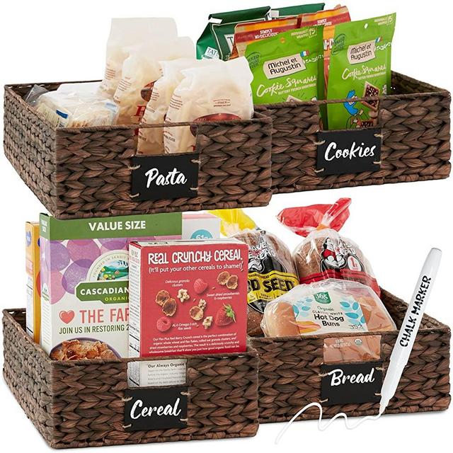 Best Choice Products Set of 4 16x12in Large Water Hyacinth Pantry Baskets, Woven Kitchen Organizers w/Chalkboard Label, Chalk Marker - Brown