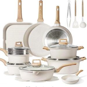 CAROTE 22pcs Pots and Pans Set Nonstick, Cookware Set White Granite Induction Kitchen Cooking Set w/Frying Pans & Saucepans& Grill Pan(PFOS, PFOA Free)