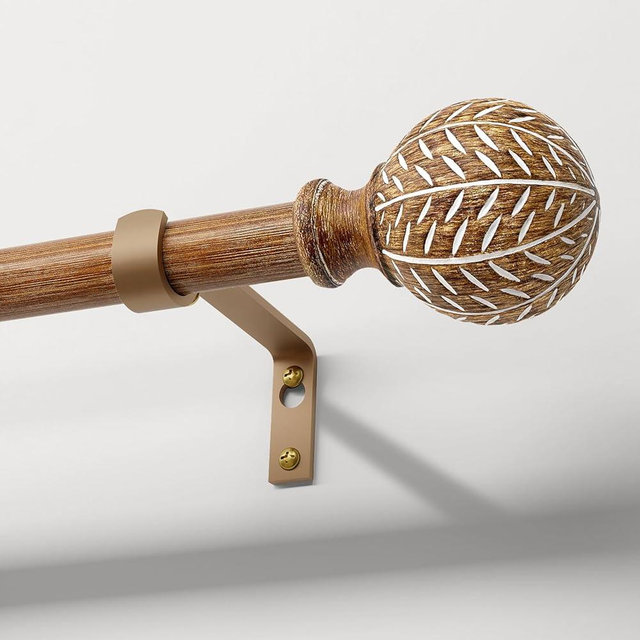 QDWIS Imitation Wood Grain Ball Curtain Rods for Windows 66 to 120 Inch,1 Inch Heavy Duty Adjustable Wood Curtain Rod,Boho Decorative Drapery Rods Set with Brackets,Size:36''-120''