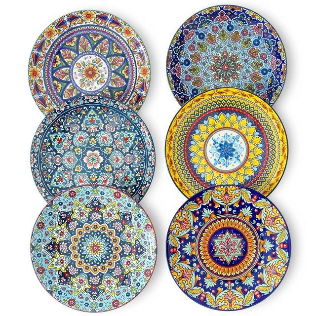 glowworm Salad Plates Set of 6, 8.5 Inch Ceramic Dinner Plates, Colorful Bohemian Dessert Plates Set for Kitchen, Restaurant, Housewarming Gift, Microwave, Oven and Dishwasher Safe