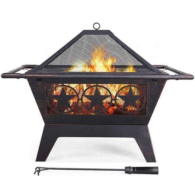 Yaheetech Fire Pit 32'' Iron Fire Pit Outdoor Patio BBQ Camping Bonfire Bronze Outdoor Fireplace Fire Bowl with Spark Screen, Mesh Cover Grills Poker Square Fire Pit