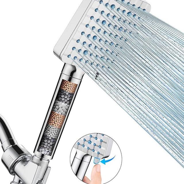 Heemli Handheld Shower Head with Filter, High Pressure 6 Spray Mode Filtered Shower Head with Hose, Bracket and Water Softener Filters Beads for Hard Water Remove Chlorine, Chrome