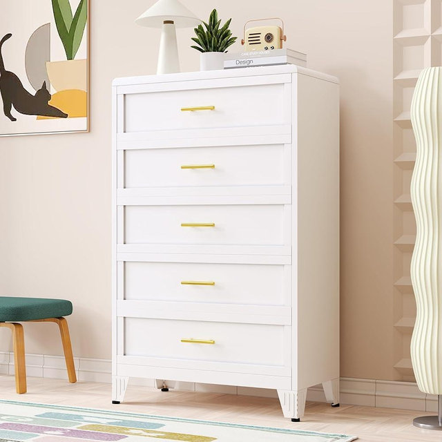 winiowa 5 Drawers Dresser for Bedroom, Metal Dresser & Chest of Drawers, Tall Storage Cabinet Drawers Organizer with Large Storage Space, Steel Chest of Drawers for Living Room, Hallway(White)