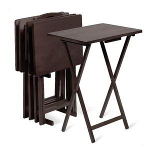 PJ Wood Folding TV Tray Tables with Compact Storage Rack Espresso 5 Piece Set