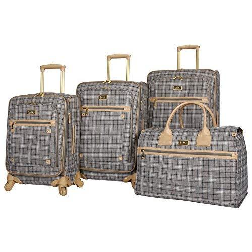 Nicole Miller Designer Luggage Collection - 4 Piece Softside Lightweight Expandable Spinner Suitcases- Travel Set includes 17 Inch Tote Bag, 20 Inch Carry On, 24 & 28 Inch Suitcases (Gray Plaid)