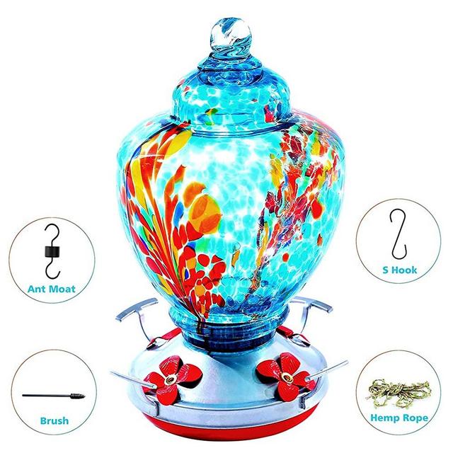 Upgraded Hummingbird Feeder for Outdoors, Glass Bird Feeders Easy to Clean&Filling,Brand Bird Feeder Best with Color Hand Blown Glass,Leakproof 32 Ounces Hummingbird Feeders,Hanging Hook&Ant Moat