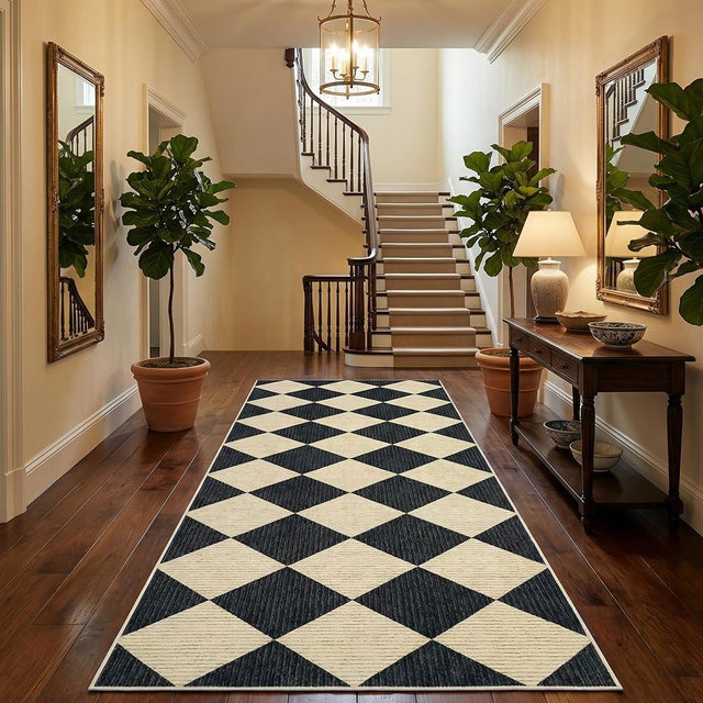 GarveeHome Checkered Rug Runners for Hallways, 2x6 Soft Diamond Print Kitchen Runner with Non Slip Backing Entryway Rug Thin Laundry Mat Stain Resistant Carpet for Bedroom Bathroom Beside Mat