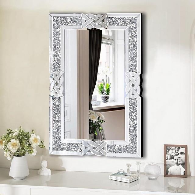 Jesmaikor Crushed Diamond Decorative Wall Mirrors, 27.7x39.5 Inch Rectangle Living Room Mirrors for Wall Decor, Modern Glam Bathroom Dining Room Entryway Mirror Silver