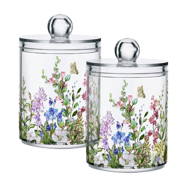 xigua 2 Pack Flowers Pattern Apothecary Jars with Lid, Qtip Holder Storage Jars for Cotton Swab, Cotton Round Pads, Clear Plastic Canisters for Bathroom Vanity Organization (10 Oz)