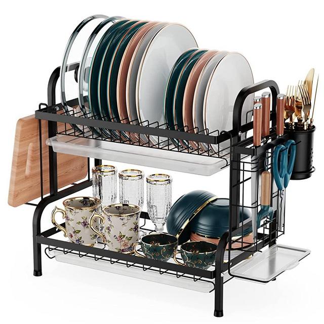 Dish Drying Rack, iSPECLE Dish Drainer with Tray Utensil Cup, for Small  Household Kitchen, Black/Golden 