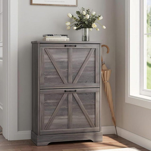 Smart FENDEE Shoe Cabinet, Shoe Storage Cabinet for Entryway with 2 Flip Drawers, Narrow Farmhouse Shoe Organizer Cabinet, Slim Shoe Rack Cabinet, Gery
