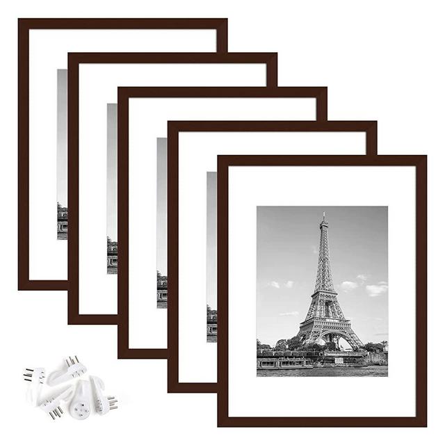 upsimples 12x16 Picture Frame Set of 5, Display Pictures 8.5x11 with Mat or 12x16 Without Mat, Wall Gallery Photo Frames, Brown