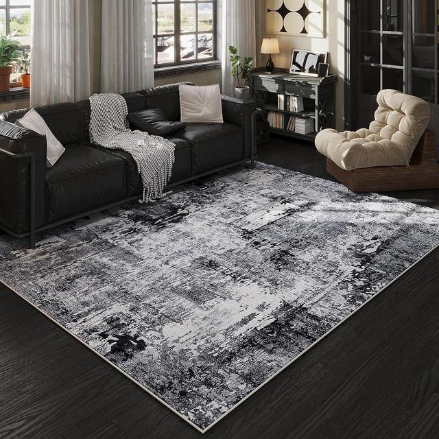 Rugcomf Area Rug 5x7 Washable Rug Boho Soft Abstract Pattern Non-Slip Faux Wool Vintage Rug for Living Room, Bedroom Rug, Farmhouse, Dining Room, Kids Playroom, Grey and Black
