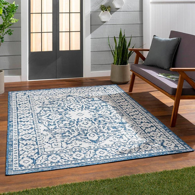Mark&Day Outdoor Rugs, 8x8 Mantinge Traditional Indoor/Outdoor Navy Square Area Rug, Non Shedding Blue White Carpet for Patio, Porch, Deck, Bedroom, Living Room or Kitchen (7'10" Square)