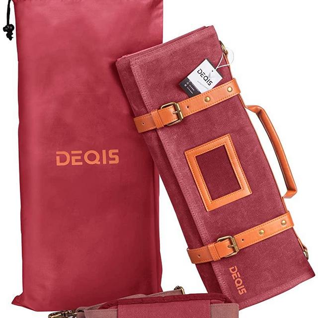 DEQIS Knife Roll Chef Waxed Canvas Bag Storage 13 Slots and 1 Large Zipper Pocket Carry Shoulder Strap Handle and Name Card Professional Folding Cooking Tools Case Organizer, Red