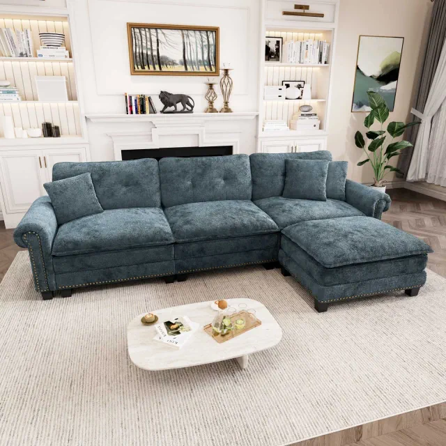 Captiva Designs Upholstered Indoor Sofa with Ottoman, Solid Wood Frame, Pocket Spring Seat & Throw Pillows Cyan-Chenille 4 Seats - L Shape