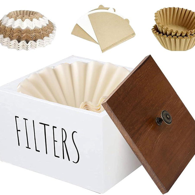 ESEHGS Coffee Filter Holder, Wooden Coffee Filter Container Coffee Filter Storage with Lid, Rustic Coffee Filter Dispenser Basket for Coffee Bar Decor, Farmhouse Coffee Bar Accessories (White), large
