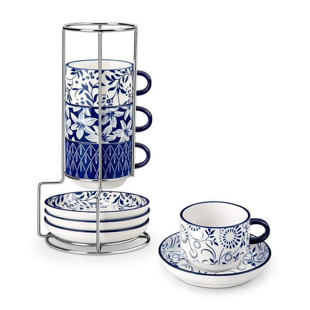vancasso 4OZ Stackable Espresso Cups with Saucers, Porcelain Cappuccino Cups Set of 4, Coffee Cups Set with Metal Stand for Specialty Coffee Drinks, Great gift, Series SELENE (Vintage Blue, 4 Ounce)
