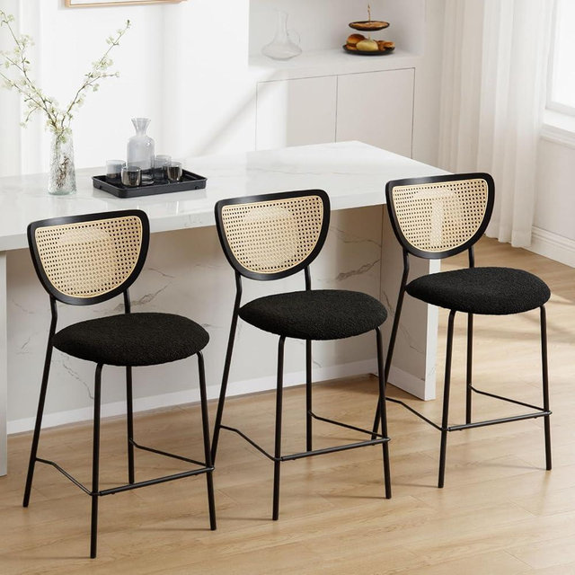 Bekrvio Bar Stools Set of 3, 26" Counter Height Bar Stools for Kitchen Island, Mid Century Modern Kitchen Stools with Rattan Back, Boucle Upholstered Counter Chairs for Home Bar, Black