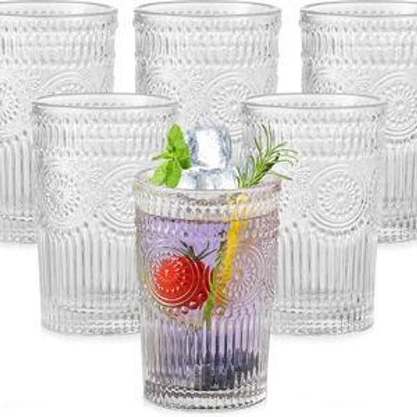 Vintage Glassware Drinking Glasses Set of 6,13 oz Clear Textured Flower Design Glass Water Tumblers，Embossed Striped Drinkware for Water,Cocktails,Juice,Iced Coffee